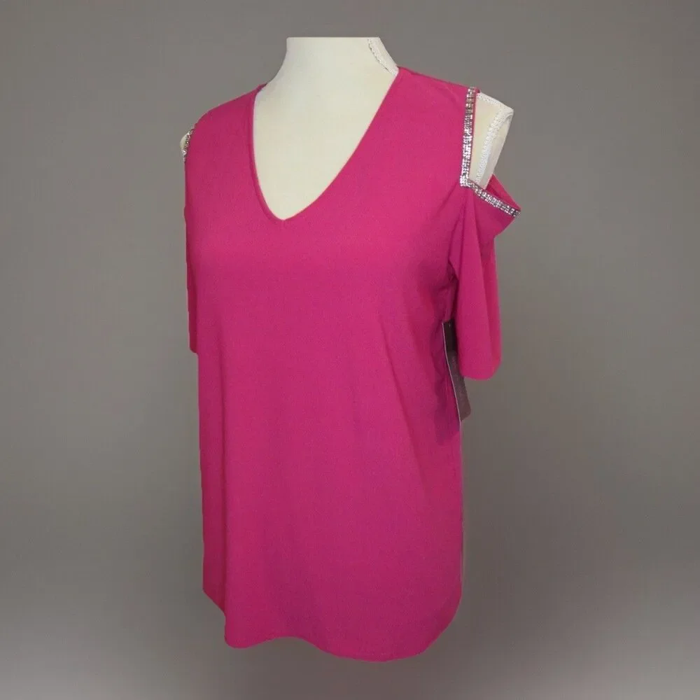 Cold Shoulder Top Glam Blouse Womens M Hot Magenta Pink Stretch Rhinestones NWT